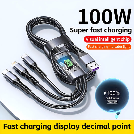 100W 5A Fast Charging 3-in-1 USB Cable – Multi Charging Cable with Type-C, Micro USB & Lightning Connectors | Durable & High-Speed Data Transfer